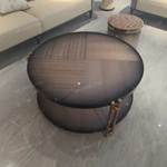 Round Nesting Coffee Table Set with Natural Wood Veneer and Artistic Inlay Details